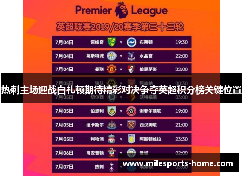 热刺主场迎战白礼顿期待精彩对决争夺英超积分榜关键位置